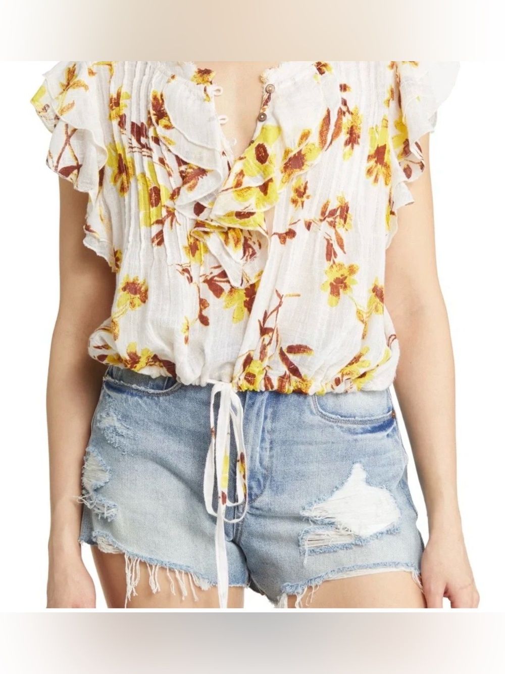 Free People Naya Floral Ruffle Blouse Size M
